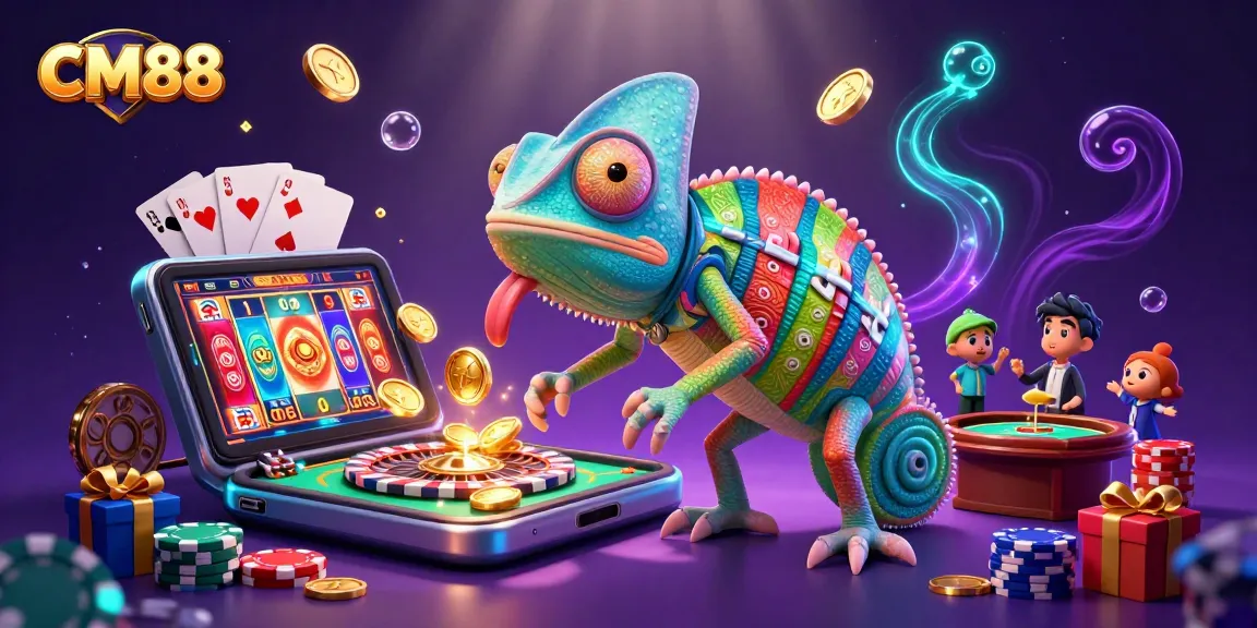Experience excitement at CM88 with a dynamic illustration of a chameleon casino owner amidst gaming elements.