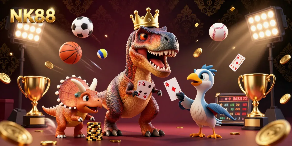 Experience exciting gameplay at NK88 with a friendly T-Rex shuffling cards and a triceratops stacking golden chips in a vibrant casino atmosphere.