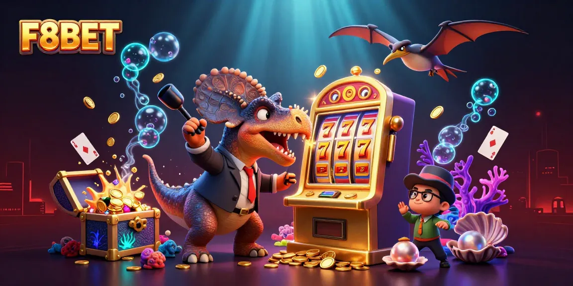 F8BET slot machine pays out jackpot coins as a cartoon dinosaur celebrates in a vibrant casino