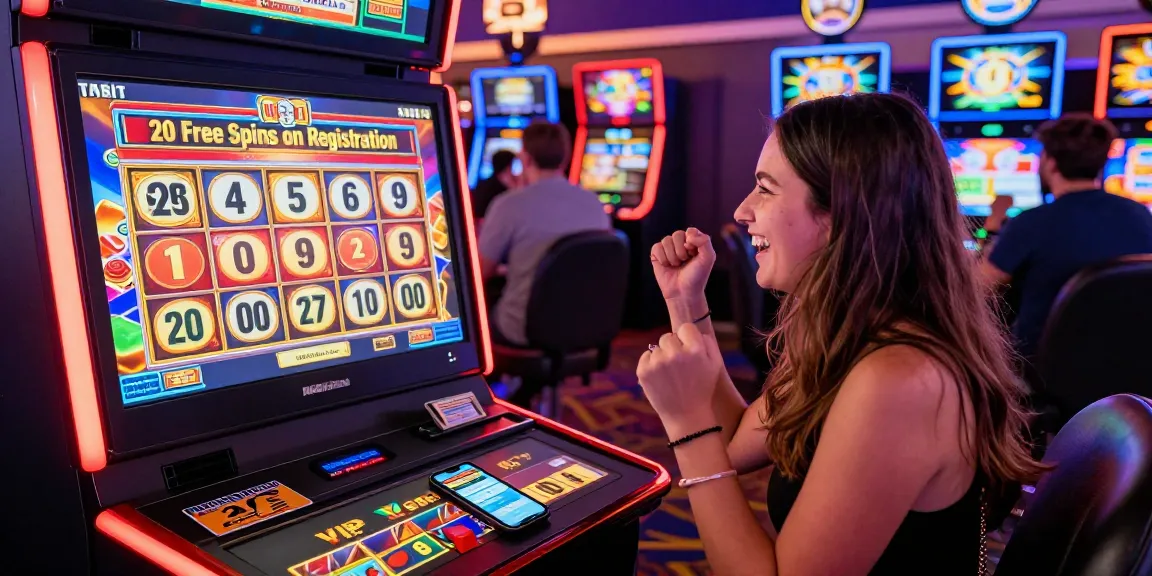 Excited player celebrating wins from free spins on registration UK at an online casino gaming station with vibrant atmosphere.