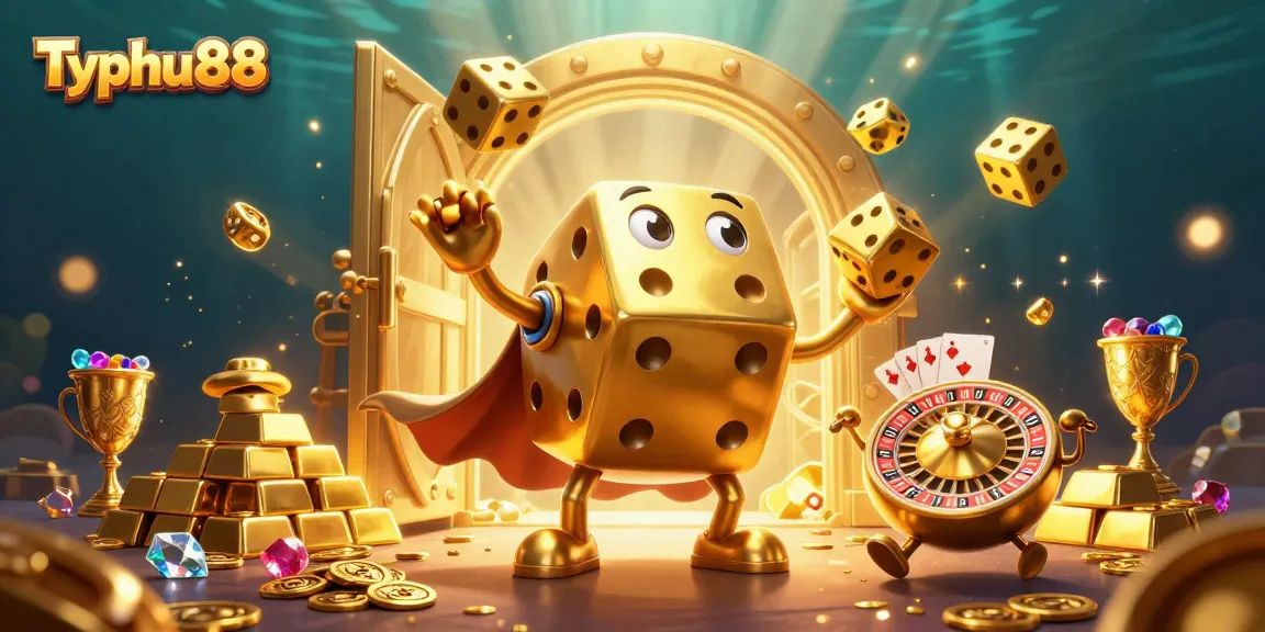 Experience thrilling games with Typhu88's dynamic casino scene featuring vibrant characters and treasures.