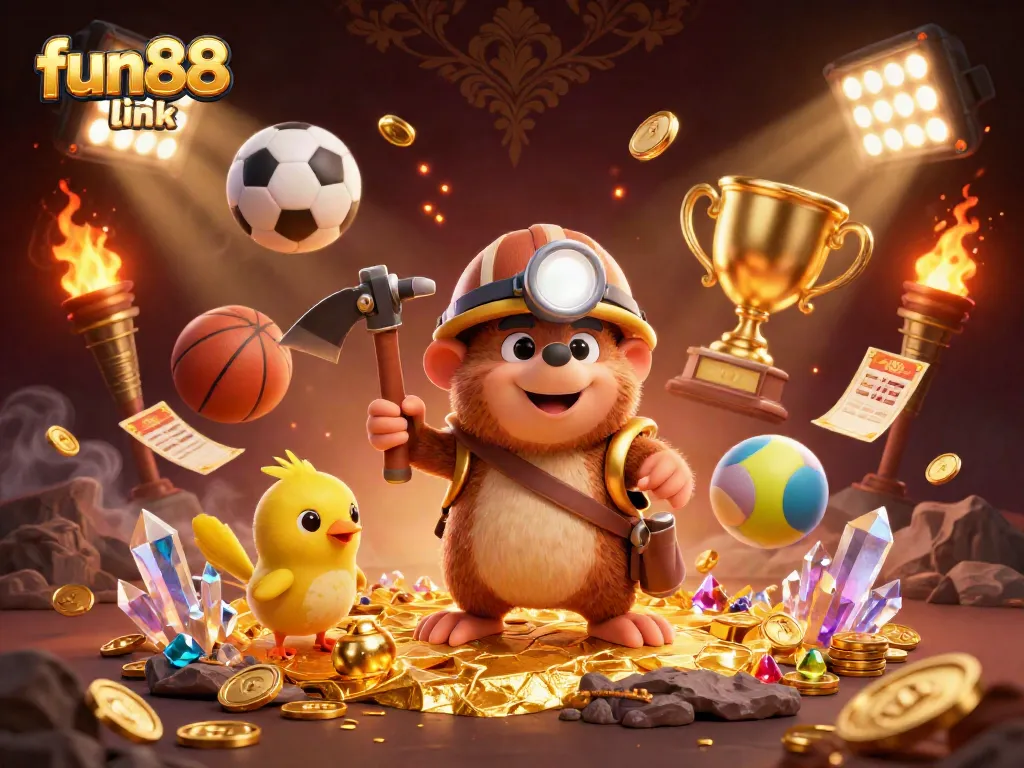 Engage with the fun88 link while exploring vibrant casino elements in a dynamic 3D illustration.