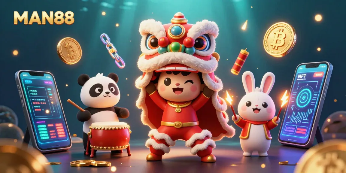 Engage in thrilling gameplay at MAN88, featuring a lively lion dance with crypto elements and festive decorations.