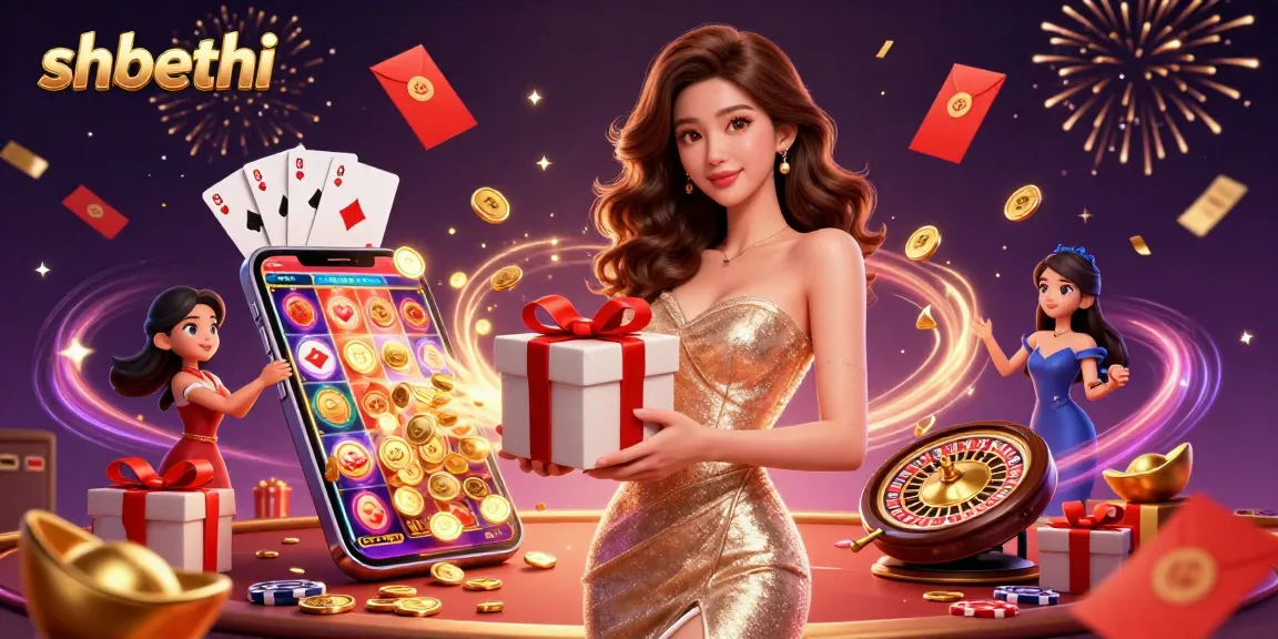 Win with shbethi in a vibrant casino scene featuring a stunning Asian woman in gold dress, showcasing excitement and richness.