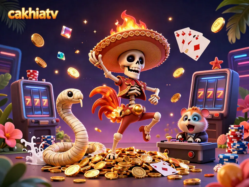 Experience exciting gameplay with cakhiatv's vibrant casino scene featuring festive characters and dynamic elements.
