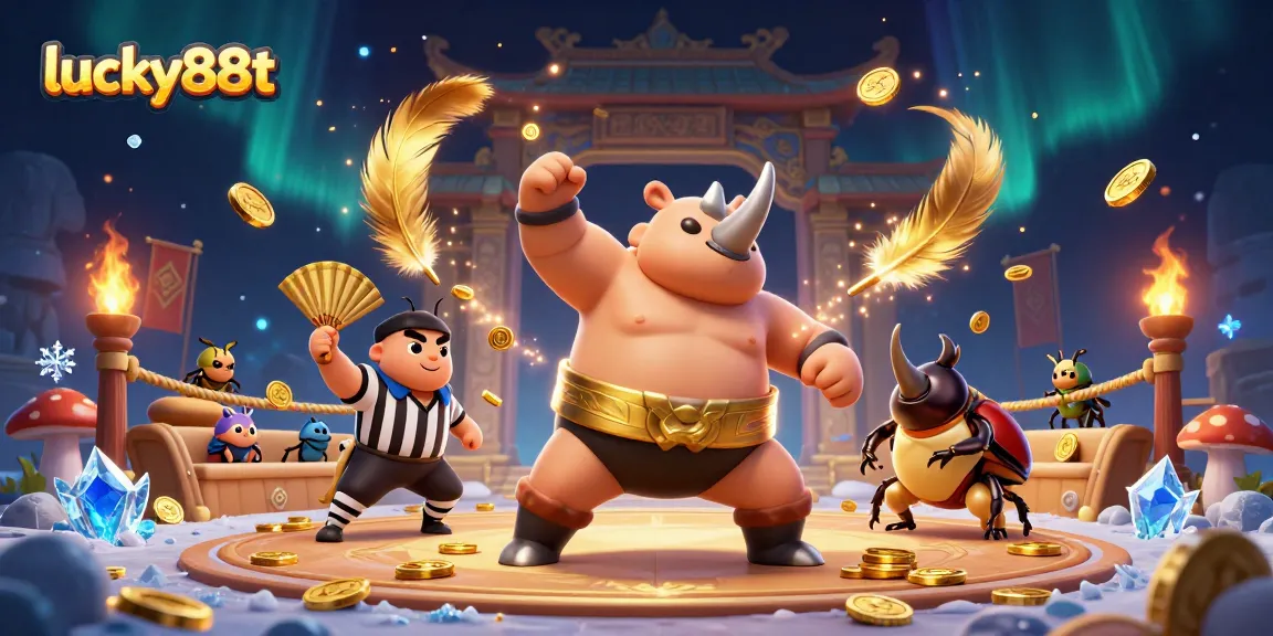 Get ready to win with lucky88t in this vibrant 3D rendering of a gambling arena with exciting characters.