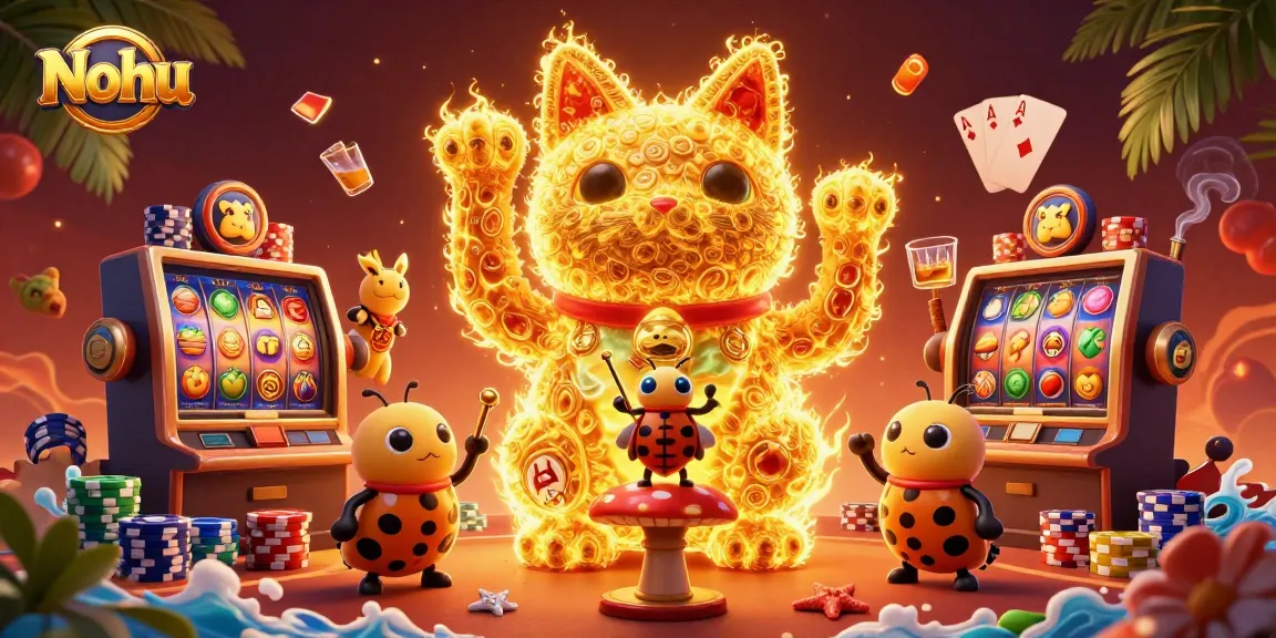 Nohu casino showcases a vibrant scene with a lucky cat and jackpot symbols in a dynamic gambling environment.