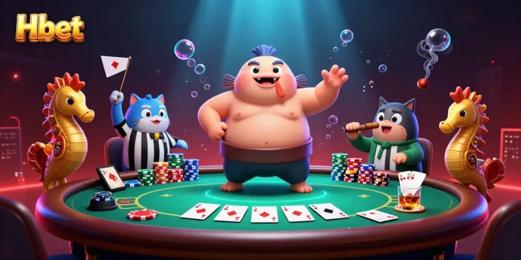 Immerse in Hbet's dynamic casino world featuring a fugu in a sumo belt officiating a poker game.