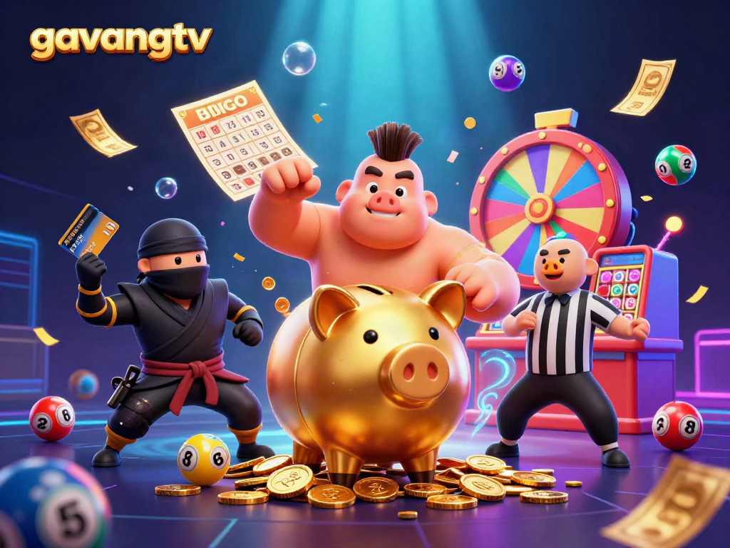Experience thrilling action on gavangtv with a vibrant 3D scene featuring golden piggy bank wrestler and dynamic gaming elements.