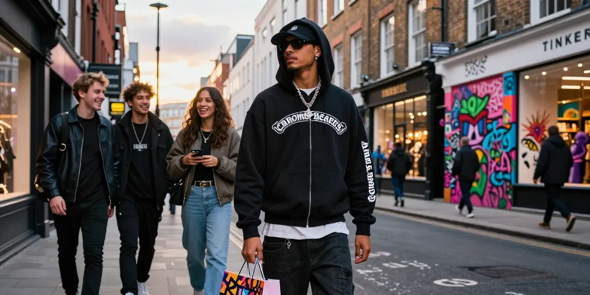 Chrome Hearts hoodie showcased in an urban London street style scene with lively atmosphere.