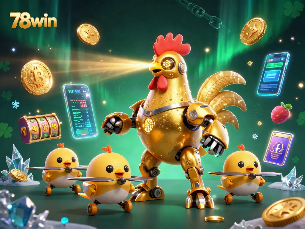 Engage with 78win's thrilling casino adventure featuring a golden rooster robot and crypto elements.