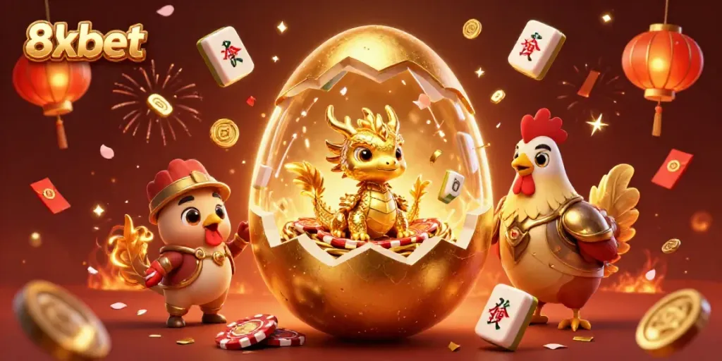 Experience thrilling gaming excitement with 8xbet's vibrant casino scene, showcasing a golden dragon and poker chips.