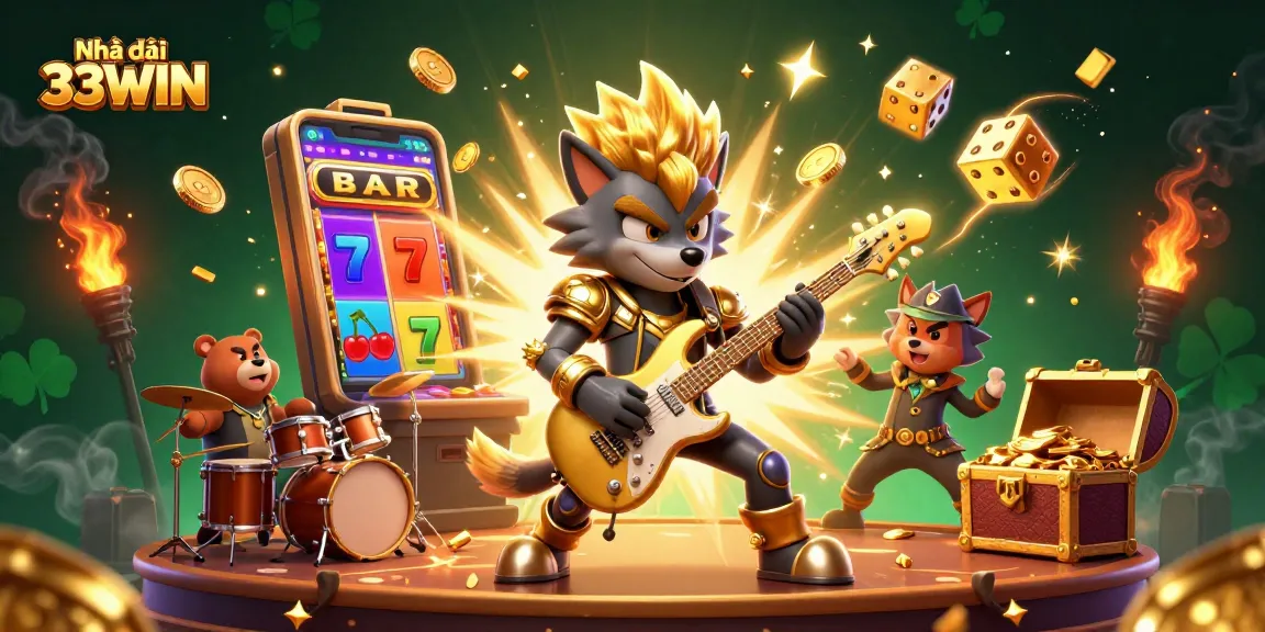 Players enjoy thrilling moments at Nhà cái 33WIN amidst dazzling slots and energetic characters.