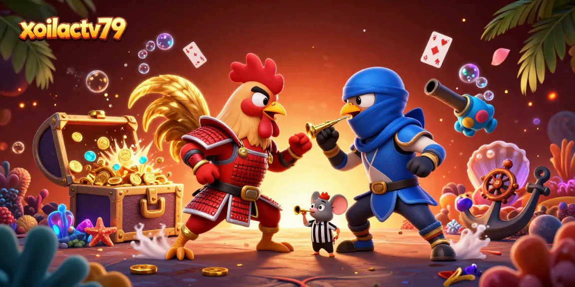 Witness the thrilling duel of xoilactv79's cartoon roosters in a vibrant gambling scene!