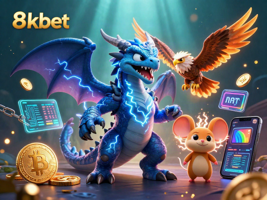 Engage with 8kbet's electrifying casino experience through a vibrant 3D illustration.