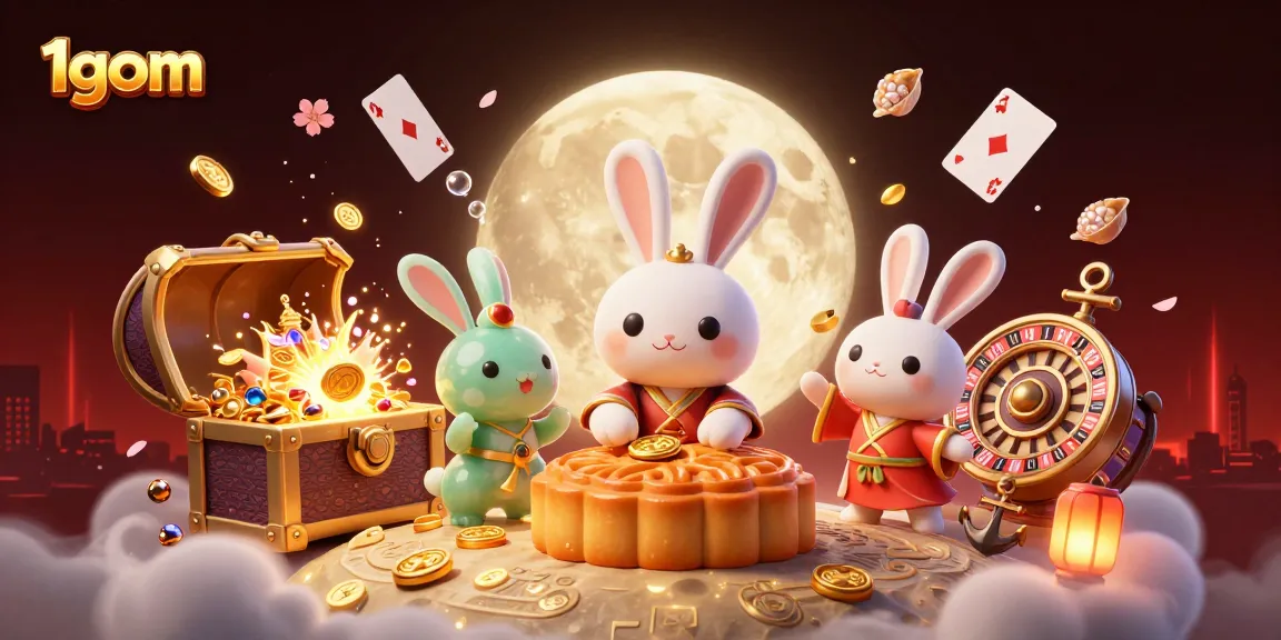 1gom moon rabbit revealing poker chips while enjoying vibrant casino elements in a magical atmosphere.