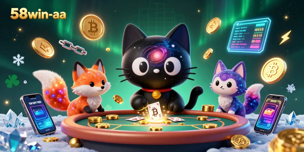 Engage with 58win-aa at a cosmic casino with animated characters pulling in golden chips.