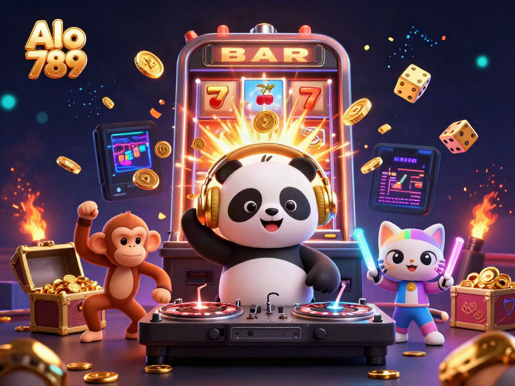 Alo 789 showcases lively characters in a dynamic casino scene with a DJ panda, breakdancing monkey, and glow-stick kitten.