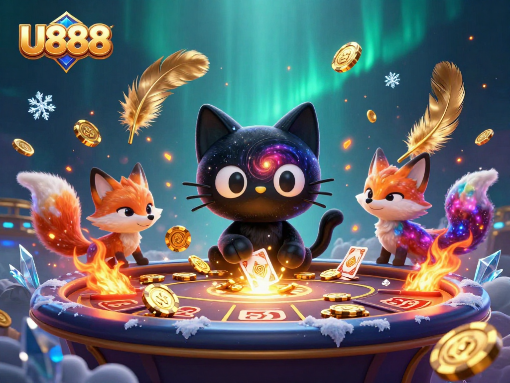 Experience cosmic gaming fun with U888 where a black hole cat attracts golden casino chips.