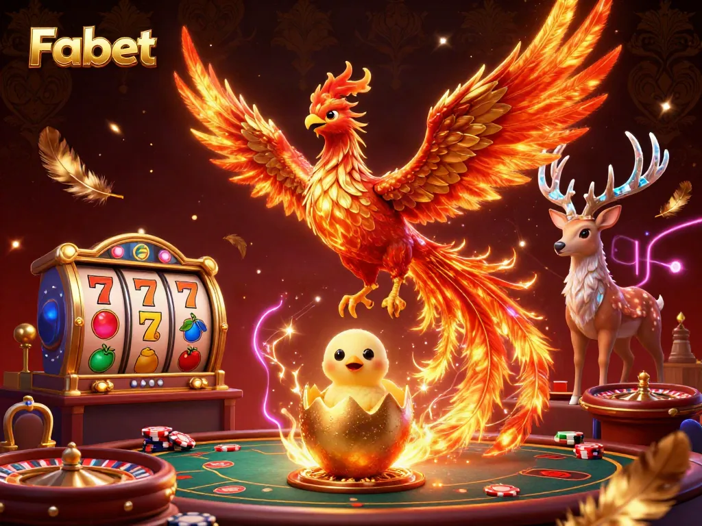 Experience thrilling gaming with Fabet's fire phoenix in an electrifying casino atmosphere.