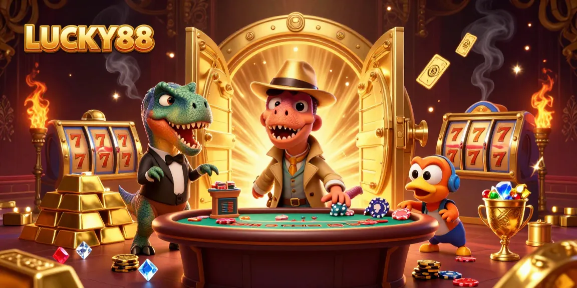 Experience the excitement of LUCKY88 with a dynamic 3D scene featuring card counters and treasure.