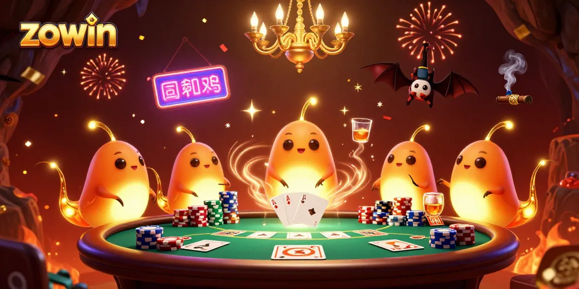 Zowin players enjoying poker with glowing glowworms illuminating a vibrant cave casino.