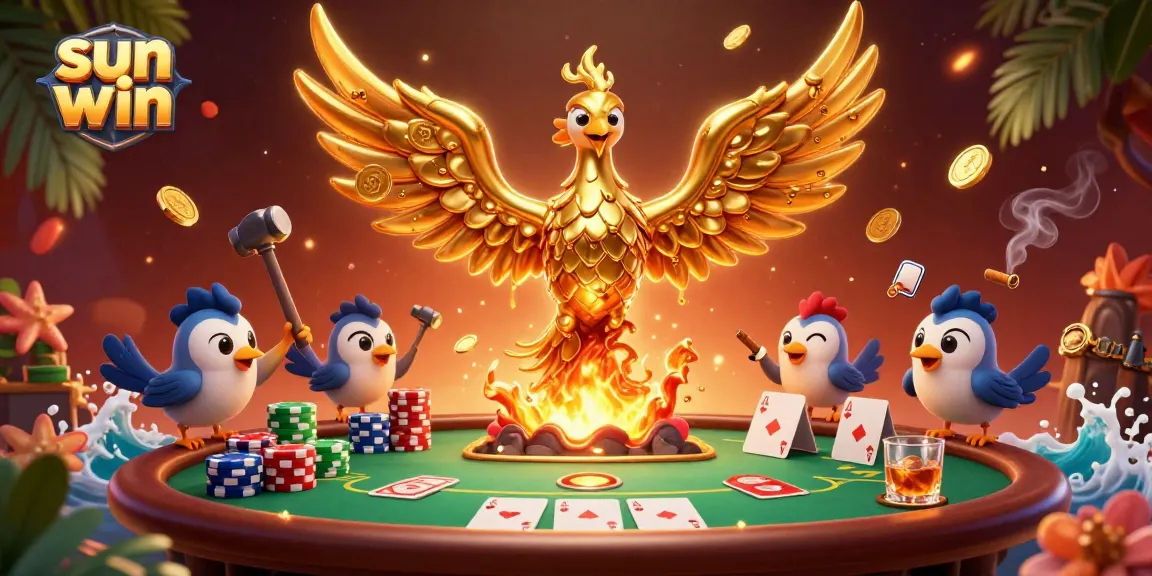 Celebrate winning at sun win with a vibrant 3D scene featuring a phoenix, poker chips, and cards.