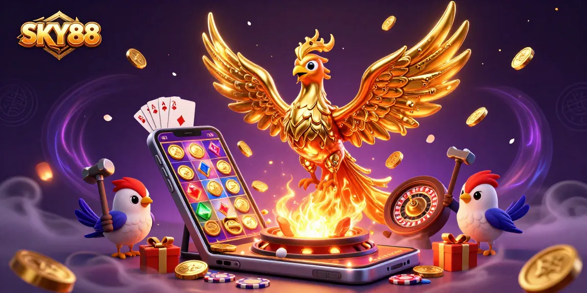 Engage with thrilling casino action at SKY88 with a vibrant golden phoenix and dynamic game elements.