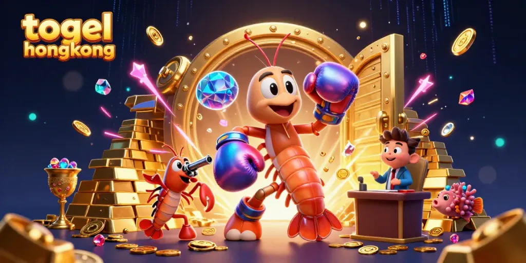 Win with togel hongkong as colorful shrimp characters celebrate casino coin treasures and gems.