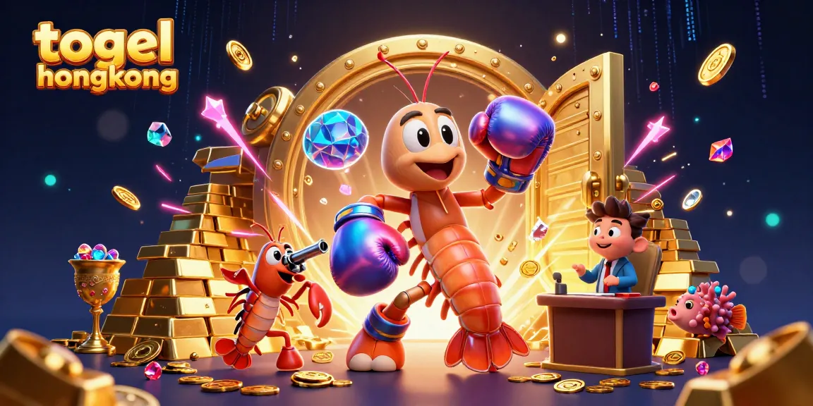 Win with togel hongkong as colorful shrimp characters celebrate casino coin treasures and gems.