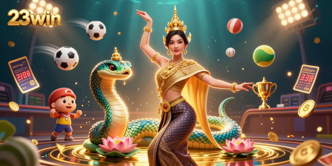 Bet on exciting games at 23win with a vibrant digital illustration showcasing diverse casino elements.