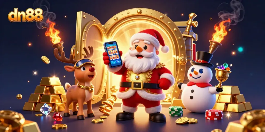 Experience epic casino fun with dn88 in this vibrant 3D illustration featuring festive characters and jackpot symbols.