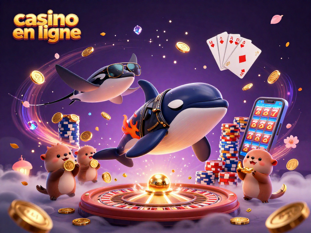 Profitez du casino en ligne avec des créatures marines jouant et des pièces d'or volantes dans une scène animée.